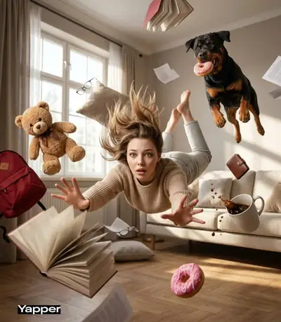 Woman falling through a swirling vortex of floating objects