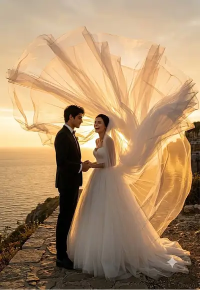 Creative Outdoor Wedding Portrait with Exploding Fabric Dress