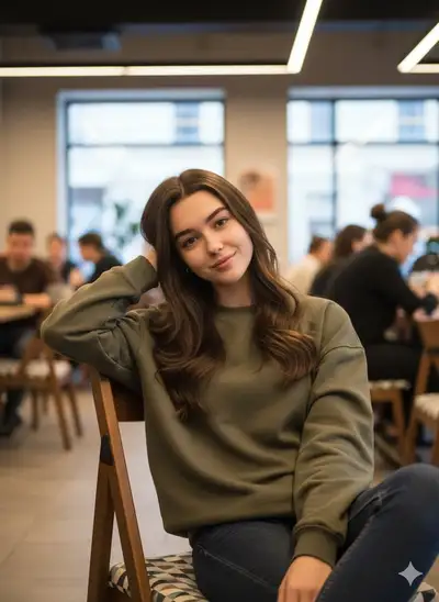 Relaxed cafe portrait with warm ambient lighting and candid pose