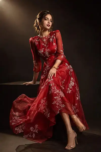 Vogue-style editorial portrait in ruby red floral organza gown