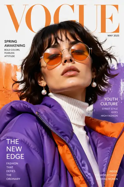 Editorial fashion portrait with orange puffer jacket