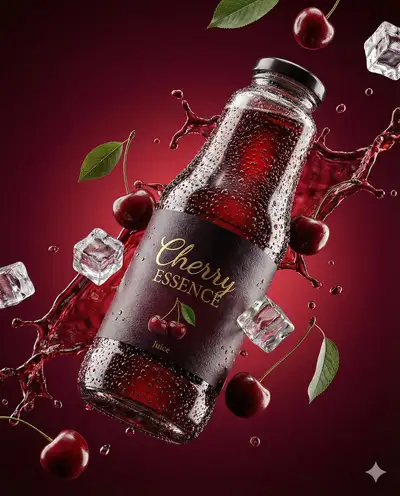 Ultra-Realistic Cherry Juice Bottle Product Shot