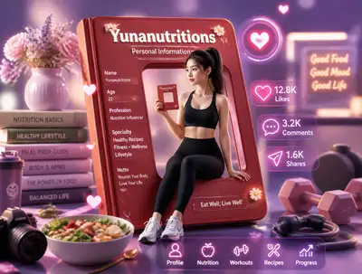 Mädchen hält eine schwebende 3D-Profilkarte mit Neon-Social-Icons