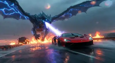 Cyberpunk Supercar Chase with Dragon-Beast