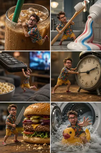 Tiny Man vs. Household Giants: 6-Panel Cinematic Macro Collage