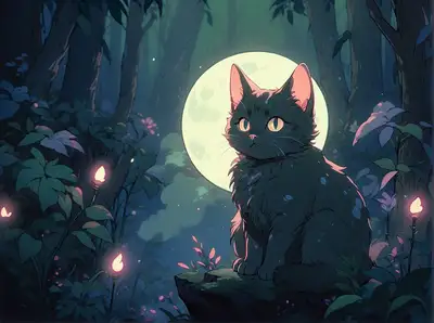 Mysterious Cat in Moonlit Forest
