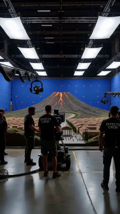 Cinematic VFX Miniature City Volcano Eruption Prompt