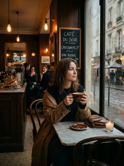 Cozy rainy-day Parisian cafe portrait