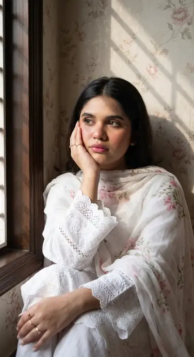 Retrato Chikankari na hora dourada: prompt de sessão interna sonhadora