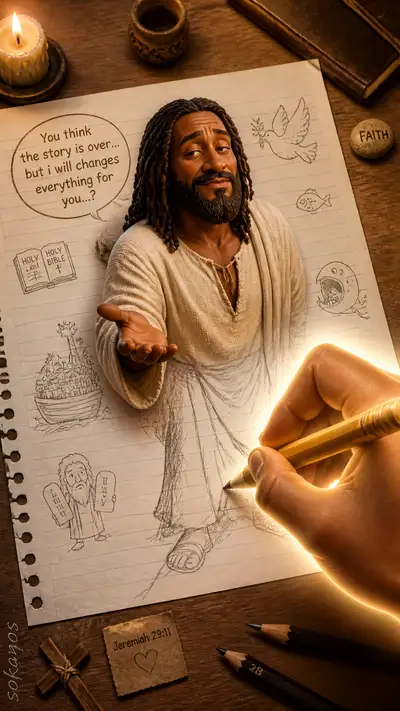 Sketch-to-3D pop-out comic illustration of Jesus prompt