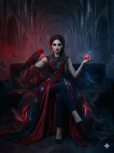 Ultra-realistic Dark Fantasy Couture Portrait with Parrot
