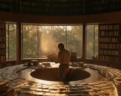 日の出の円形図書館で静かに働く画像アーキビスト