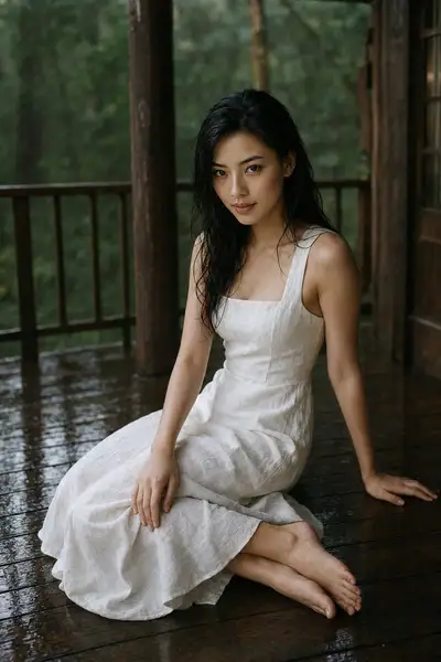 Retrato cinematográfico de una joven mujer del este de Asia en la selva tropical