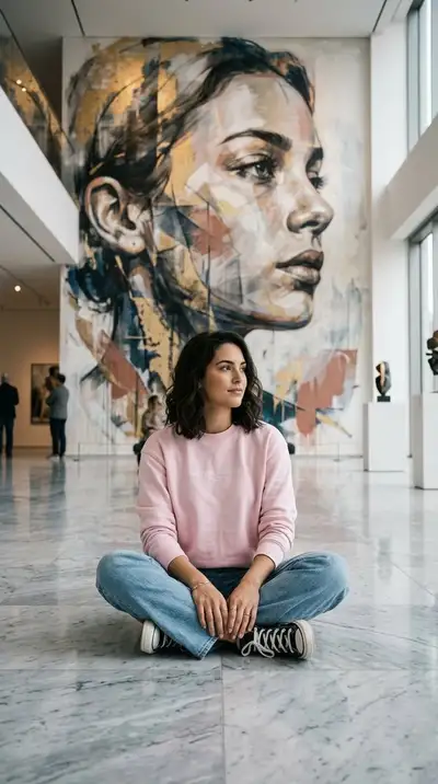 Retrato com atmosfera intensa e fundo de mural abstrato