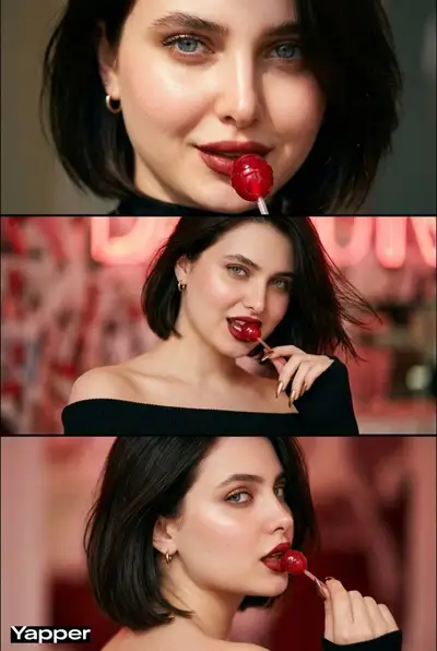 3-Image Vertical Collage: Confident Woman with Red Lollipop