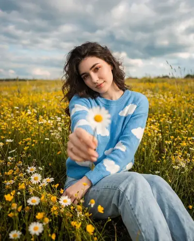 Wildflower field portrait holding a daisy toward the camera