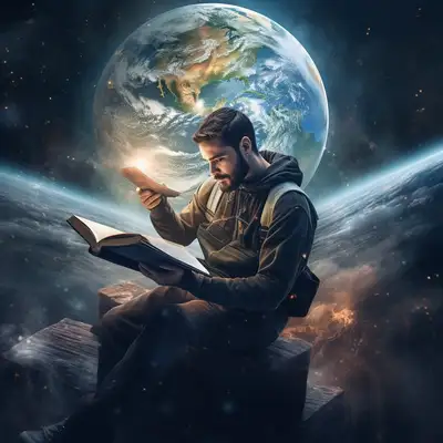 Person Reading a Book Above Earth in Space
