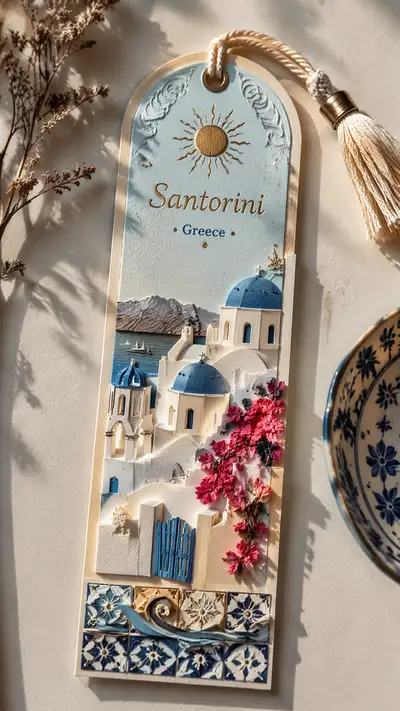 Santorini travel-keepsake bookmark design
