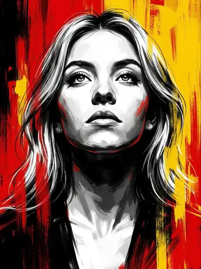 Black and White Expressive Portrait with Red Paint Streaks