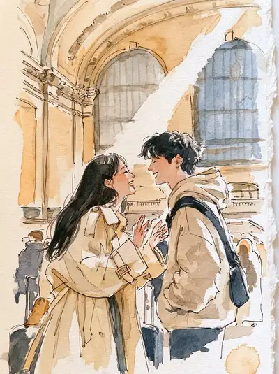 布鲁克林素描本风情侣插画提示词