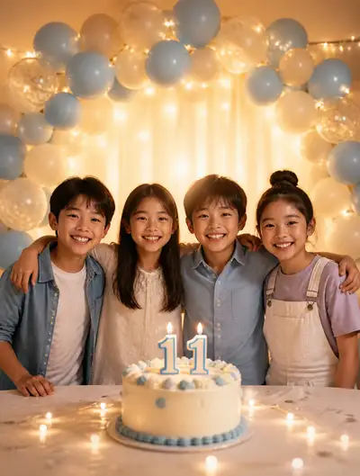 Birthday party photo with balloon arch and fairy light backlight