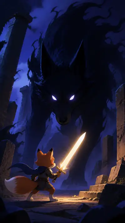 Disney animation style battle of a fox knight and shadow wolf