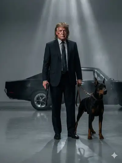 Neo-noir hitman portrait with a Doberman and muscle car
