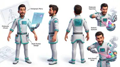 Pixar-style futuristic dessert scientist character sheet