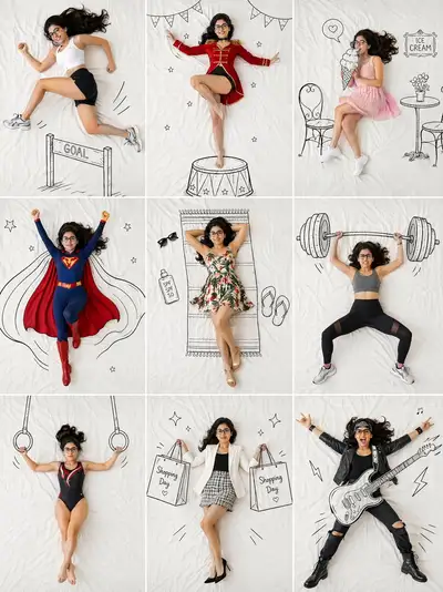 3x3 Collage of Young Woman with Doodle Scenes