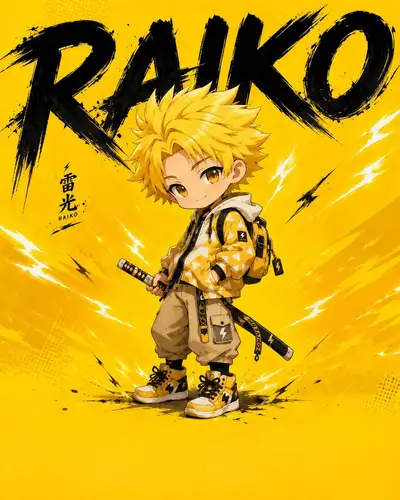 Chibi anime poster of a boy with spiky hair and a sword