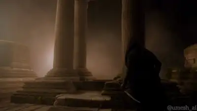 Hooded Assassin in Mist-Covered Temple