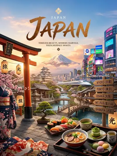 Affiche panoramique de voyage au Japon, la tradition rencontre le futur