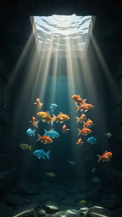Unterwasser-Steinkammer mit Gottesstrahlen und tropischen Fischen