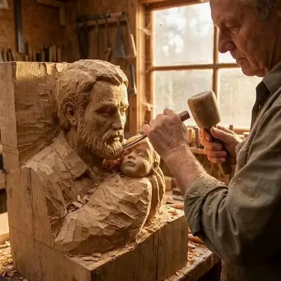Half-Finished Father and Baby Wooden Sculpture