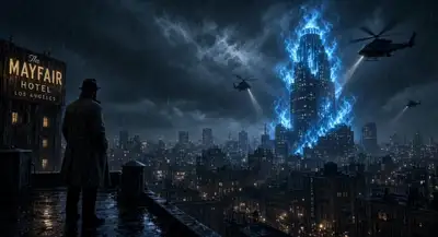 Neo-Noir Sci-Fi Tower Scene