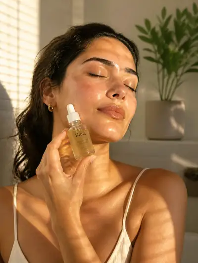 Woman with serum bottle in golden hour light