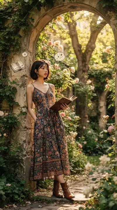 Fuga literária em jardim com balões de pensamento caprichosos