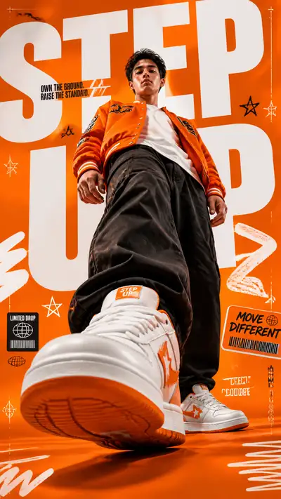 Step Up orange streetwear advertising poster prompt