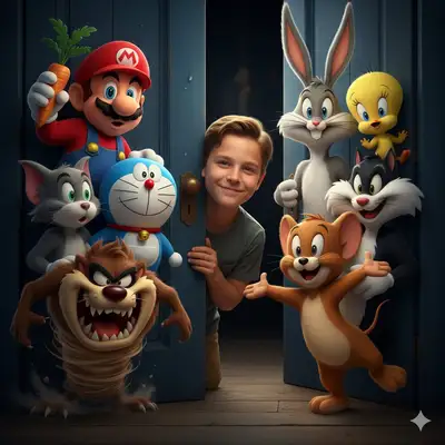 Foto de un niño asomándose junto a personajes clásicos de dibujos animados