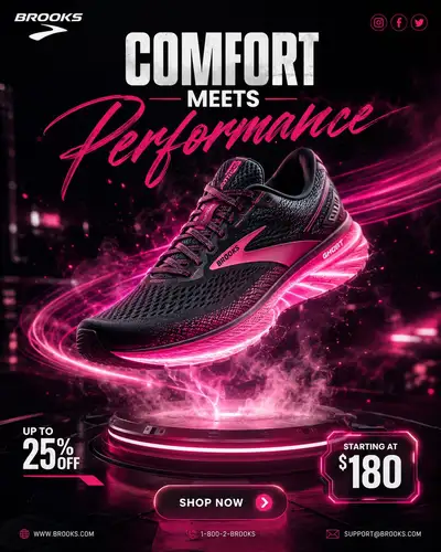 Neon product ad for a floating running shoe