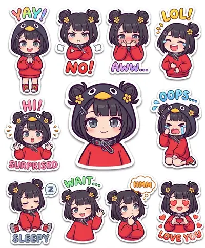 Chibi-Sticker-Collage mit 10 Posen und Ausdrücken