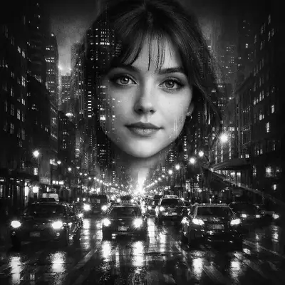 Black and White Double Exposure City Portrait