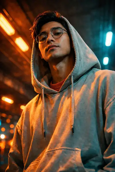 Streetwear-Portrait im Neontunnel mit Teal-Orange-Farbgebung, JSON