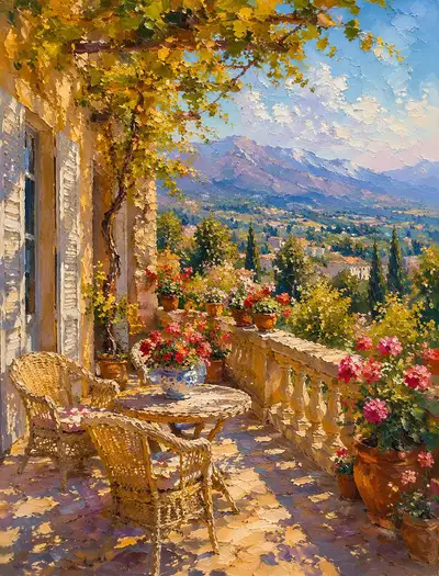 French Countryside Balcony Impressionist Oil Painting
