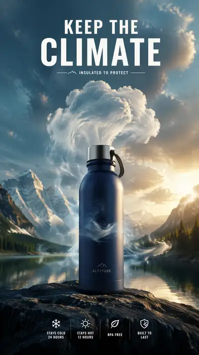 Insulated bottle poster with breath-cloud concept