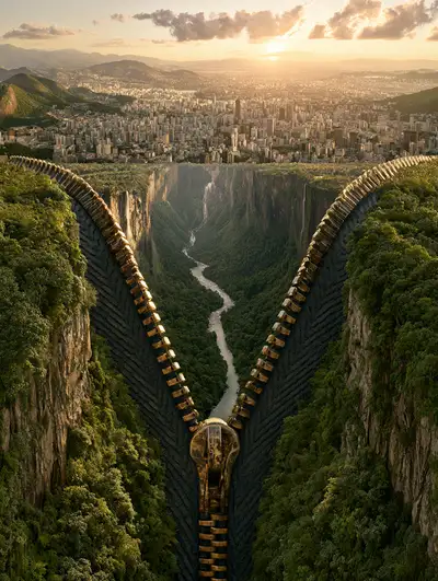Hyper-realistic surreal zipper landscape artwork