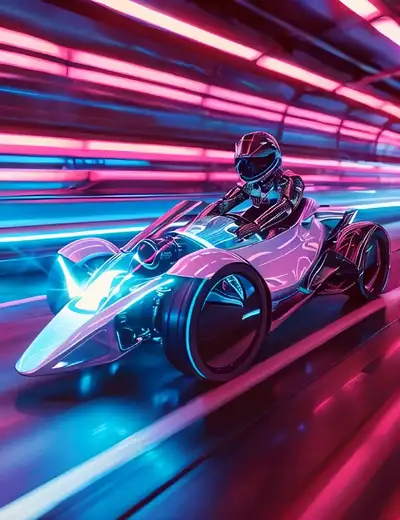 Synthwave Hologram Cyborg Riding Futuristic Car