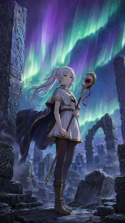 Frieren Girls in Aurora Ruins - 8 Image Prompt
