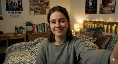 Acogedora selfie POV de dormitorio universitario