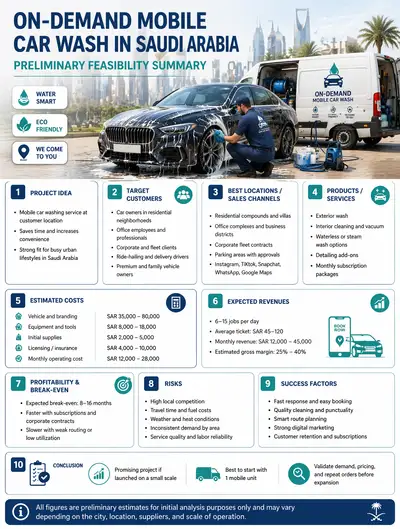 Mobile car wash business feasibility infographic for Saudi Arabia